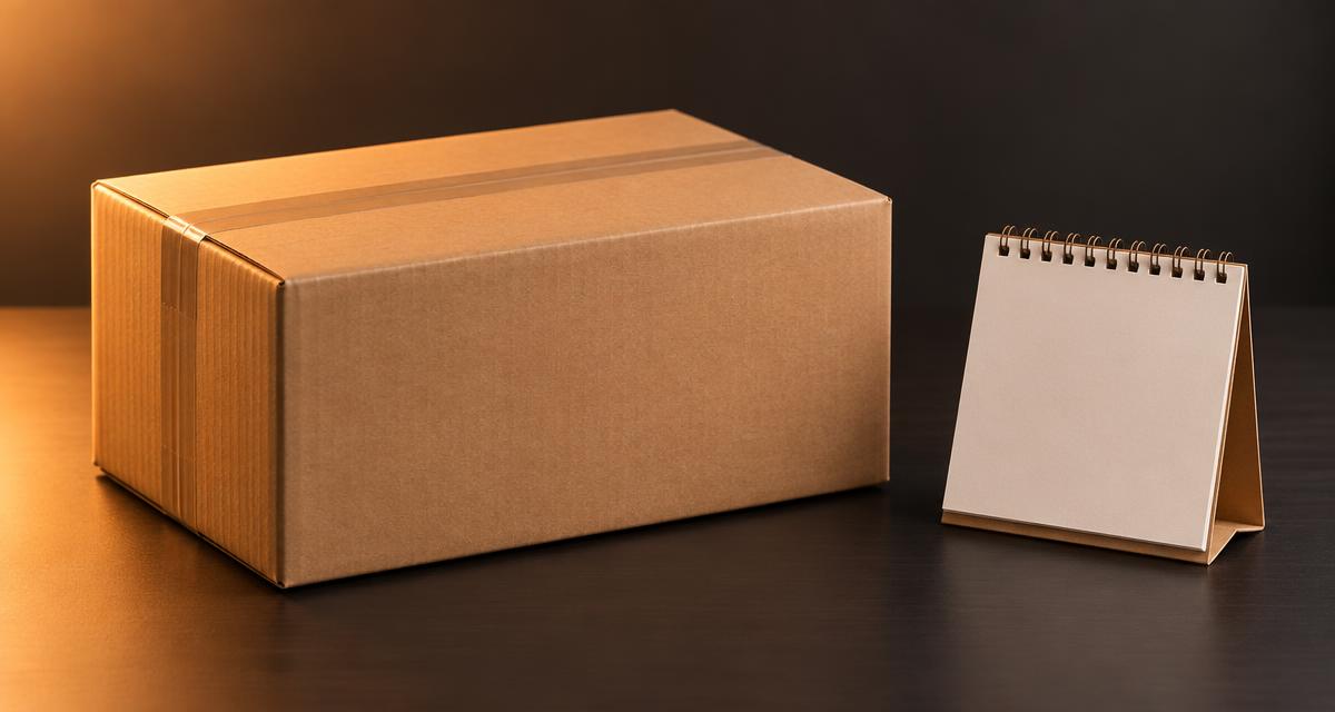 A sealed cardboard parcel next to a blank desk calendar, representing pre-order shipping on release