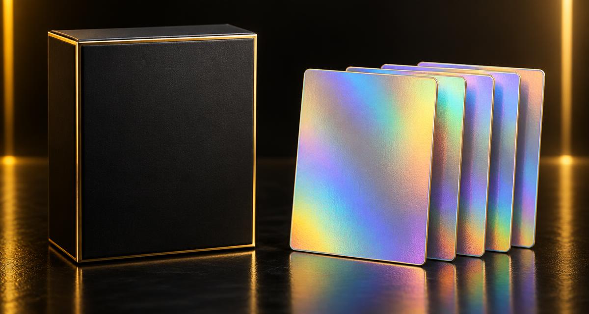 A sealed black and gold collector box beside a row of blank holographic cards, illustrating sealed product versus single cards